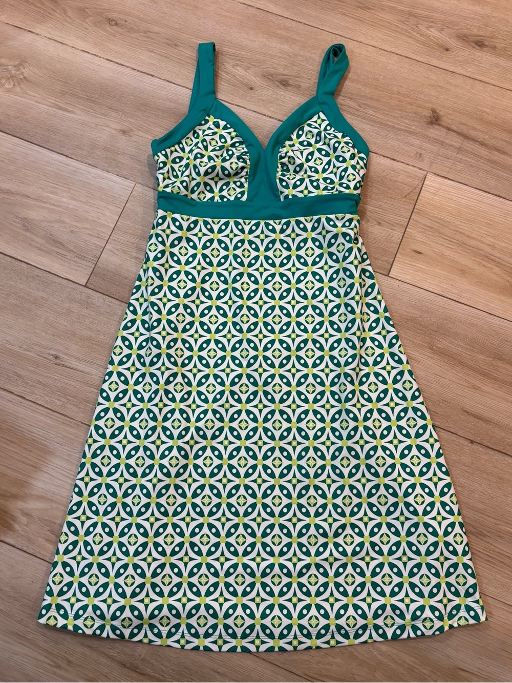 Patagonia Minette Women Teal Green Geometric Print Empire Waist A-Line Sundress